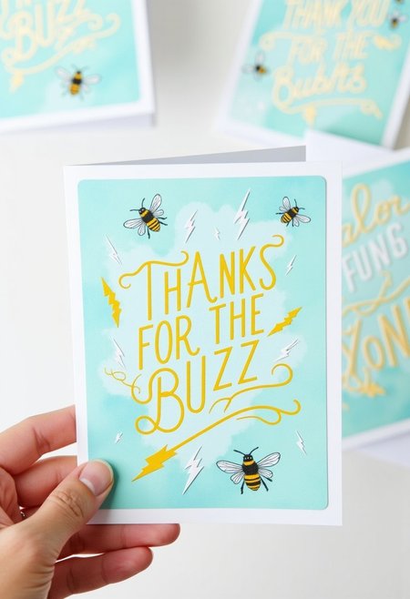 <lora:Greeting_Card_Designer_FLUX:0.7> 
The image is a photograph showcasing a beautifully designed thank-you card held by a hand. The card features a beautiful, elegant design with a pastel blue background. The main text, "THANKS FOR THE BUZZ," is written in a bold, elegant script in a yellow color. Surrounding the text are stylized illustrations of lightning bolts and bees. The bees are depicted in shades of black and yellow, with the lightning bolts in varying shades of white and yellow. The illustrations give the card a hand-drawn, watercolor-like appearance with a modern, whimsical touch.
In the background, several other thank-you cards are visible, these cards are also adorned with similar bee and lightning bolt designs, maintaining the consistent aesthetic of the main card.