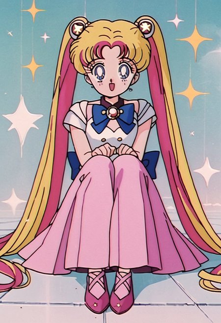 1990s (style), 1girl, :o, anime coloring, blue eyes, brooch, brown eyes, long hair, multicolored hair, open mouth, pink footwear, shoes, sitting, sm90s, smile, solo, sparkle, star brooch, twintails, BREAK , score_9, score_8_up, score_7_up, score_6_up, score_5_up, score_4_up,