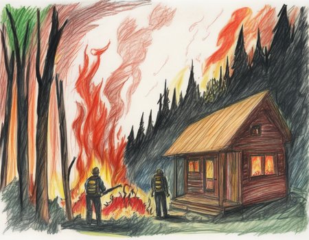 A harrowing scene of a forest fire in the deep mountains, engulfing a few wooden cabins, depicted as a hellish inferno. The fire rages with towering flames, thick smoke, and glowing embers, consuming trees, bushes, and the wooden cabins. The perspective might include a terrified observer or wildlife fleeing the scene, adding to the chaos and urgency. The scene should be as vivid and detailed as a high-resolution painting or illustration, with harsh and dramatic lighting that emphasizes the destructive power of the fire, the heat, and the apocalyptic atmosphere. The wooden cabins should be detailed, showing signs of burning and distress, <lora:crayons_v1_sdxl:0.85>