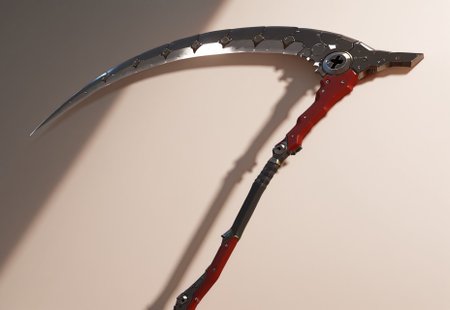 scythe weapon, scythe in front of you, perfect construction weapon, sharp blade, very detail weapon, BREAK, Hanging on the wall, perfect metal details, shiny blade, light on weapon, 3D, no person, ((no logo, no patreon logo)), 
HDR, 8K, high contrast, masterpiece, best quality, amazing quality, very aesthetic, high resolution, ultra-detailed, absurdres, perfect lighting, photorealistic, volumetric lighting, dramatic shadows, cinematic lighting, (sharp image), safe, BREAK, scenery, realistic/anime, (perfect anatomy, perfect hand anatomy, perfect face anatomy, perfect eyes anatomy, perfect mouth anatomy), perfect lighting, (sharp image), (dynamic poses), perfect anatomy, Focus face, lazyneg, RevScythe, SDXLposXL, 