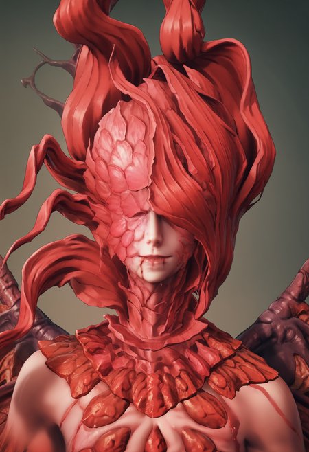 score_9, score_8_up, score_7_up, score_6_up, score_5_up, score_4_up, 1girl, <lora:RominaV2:0.85> solo, eyeless, red hair, monster girl, wings, red theme, blood, upper body, front view, 
(light blue background), simple background