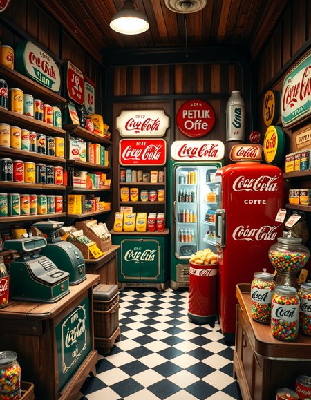 A vintage 1950s grocery store filled with nostalgic details. Wooden shelves neatly stocked with classic canned goods, glass soda bottles, and colorful retro packaging. An old-fashioned cash register sits on the wooden counter, next to a small scale for weighing produce. The checkered black-and-white tile floor adds to the mid-century charm, while hand-painted signs on the walls advertise milk, bread, and coffee in bold, retro fonts. A display of penny candy in glass jars sits near the entrance, and a vintage Coca-Cola refrigerator hums in the background. Soft, warm lighting casts a nostalgic glow over the scene, enhancing the rich textures of wood, glass, and metal, capturing the essence of a bygone era.
<lora:SDXLFaeTastic2400:0.4> <lora:extremely_detailed:0.4> extremely detailed
 <lora:1950s_grocery_st0r3:1>,1950s grocery st0r3, Masterpiece,best quality,hi res,8k,hi res,8k,award winning,(sharp focus, intricate, highly detailed),