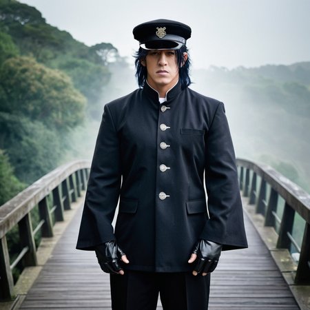 Create a portrait in a realistic style, featuring the Undertaker dressed in a traditional junior high school uniform, including a classic Gakuran jacket with its distinctive stand-up collar and five metal buttons, paired with straight-legged trousers. He is adorned with black gloves, a flowing cloak, and a hat, adding a mysterious aura to his appearance. The setting is on a bridge, capturing the Undertaker's commanding presence against the backdrop of a misty, early morning landscape, with the bridge's architecture accentuating the timeless and enigmatic character of the scene,<lora:gakuran:0.8>