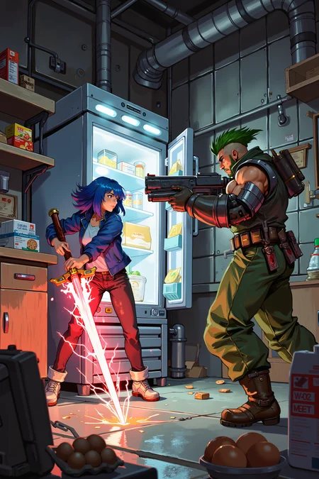 a chaotic scene in a futuristic, industrial setting. In the foreground, a blue-haired woman with a determined expression is wielding a glowing red energy sword, her body positioned in a fighting stance. She is dressed in a blue jacket, and her sword emits a bright, intense light. To the right, a muscular man with a green mohawk and a green outfit is aiming a futuristic gun at her, his expression fierce. He has a large, mechanical arm and a belt with various pouches and tools.In the background, the room is cluttered with shelves and containers filled with various items, including food, tools, and supplies. A large, illuminated refrigerator stands prominently in the center, with a partially open door revealing a glimpse of its contents. On the floor, there are scattered objects, including a carton of eggs and a box of cereal. The walls are metallic and industrial, with exposed pipes and wiring, contributing to the overall gritty, dystopian atmosphere.The lighting is dramatic, with bright highlights and deep shadows, emphasizing the intensity of the scene. The color palette is predominantly cool blues and grays, with striking reds and yellows from the energy sword and other light sources.<lora:XRSTYLE_FLUX:0.5><lora:RetroAnimeFluxV1:0.4><lora:MoriiMee_Gothic_Niji_Style_FLUX:0.3>