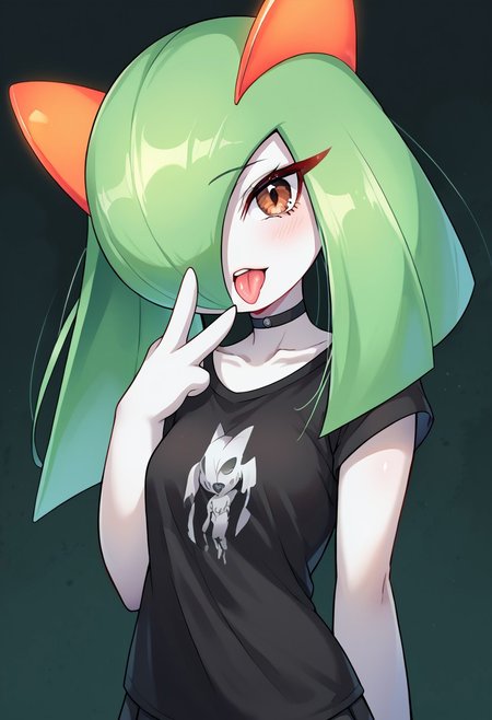 (((Kirlia))), female, anthor, score_9, score_8_up, score_7_up, source_anime, ,
 1girl, Kirlia , long hair, emerald green hair, brown eyes, black shirt, t-shirt, black choker, goth, eyeliner, eyeshadow double middle finger, tongue out,, pale white skin