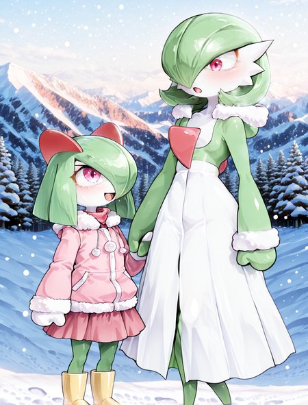 (2girls:1.5), (general:1.3), (detailed background:1.5), <lora:CoutureCraze_IXL:1> C0utur3Cr4z3, snow, mountain, tree, snowing, happy, footprints, holding hands, height difference, (looking at another:1.2), BREAK
<lora:Gardevoir_-_V3_Natural:1> (((gardevoir))), female, Anthro, ((pale white skin)), coat, fur-trimmed coat, long skirt, boots, gloves, BREAK
<lora:Kirlia_-_IL_Version:1> (((Kirlia))), female, anthro, jacket, hooded jacket, fur-trimmed jacket, rubber boots, mittens, BREAK
dramatic shadows, cinematic lighting, (photo background:1.1), Neromashin_Style_SKNSFW, P3ng01nd00, S0d3v111111m0, (8K resolution:1.2), (masterpiece:1.2), best quality, amazing quality, very aesthetic, absurdres, newest, (ultra detailed:1.3), (uhd:1.1), <lora:ishikeXLillokrV53P1T1:0.5> <lora:AIã¤ã©ã¹ããããã_style_illustrious_goofy:0.5> <lora:ahemaru_777:0.65> <lora:Neromashin_Style_SKNSFW:0.55> <lora:Penguindou:0.35> <lora:Sodeviiiiiimu_Style:0.4> <lora:cfg_scale_boost:0.7> <lora:Smooth_Booster_v2:0.5> <lora:StS-Illustrious-Detail-Slider-v1.0:3.0> BREAK