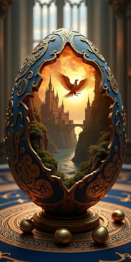 The image showcases a highly detailed, ornate egg that serves as a portal or a window into a fantastical scene. The egg itself is intricately designed with elaborate gold and blue filigree, giving it a luxurious and mystical appearance. The surface of the egg is decorated with patterns resembling ancient runes or magical symbols, further enhancing its enchanted vibe.

The egg is partially opened or cracked, revealing a vivid, magical world inside. This inner world features a grand, medieval-style castle with towering spires, situated on a rugged cliff overlooking a serene river or lake. The castle and its surroundings are bathed in a golden light, suggesting either a sunrise or sunset, casting warm tones across the landscape.

A large, majestic bird, possibly a phoenix or an eagle, is depicted emerging from the egg, its wings outstretched as if in flight. The bird is intricately detailed, with feathers that shimmer with hints of gold and blue, blending seamlessly with the egg’s ornate design.

The background of the image features a grand hall or cathedral-like interior with towering, arching windows that allow soft, ambient light to pour in, creating a mystical atmosphere. Scattered around the base of the egg are small, golden orbs or eggs, possibly magical artifacts or treasures, lying on a surface adorned with more intricate designs and patterns.

The overall composition of the image blends elements of fantasy, magic, and luxury, creating a striking and otherworldly visual. The egg acts as a gateway to a magical realm, inviting viewers to explore the fantastical world within.