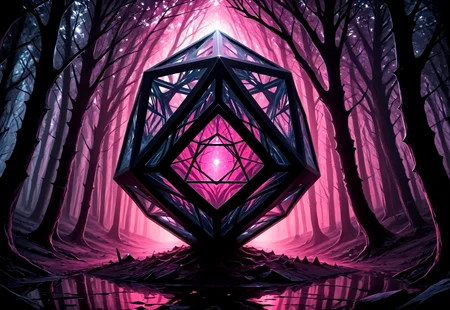 (masterpiece,best quality: 1.2), (very aesthetic: 1.2), 4k,dynamic pose,(dynamic pose: 1.2), vivid color,deep colors ,cinematic light, vector art, intricate details, volumetric shadows,Expressiveh,perspective,*Channel_42*,zydink,ink sketch,surrealism,liminal space, black icosahedron with pink lines,(The tree inside the icosahedron: 1.2), glare, reflections, sunlight, white background, crystal tree