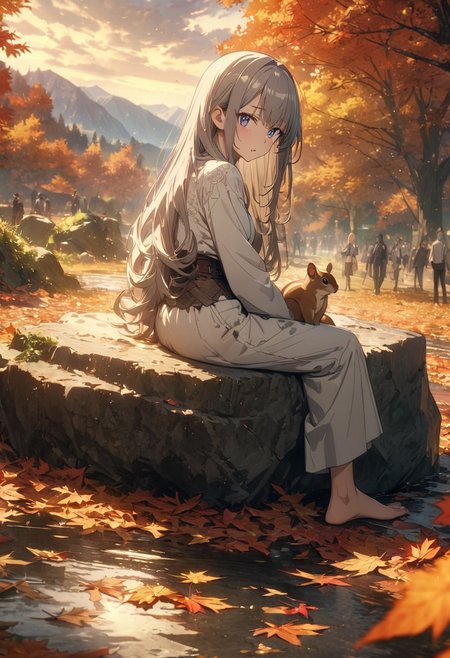 gorgeous lips, cinematic, (masterpiece), (best quality), (ultra-detailed), very aesthetic, illustration, perfect composition, intricate details, absurdres, detailed face, (anime, masterpiece, intricate:1.3), (best quality, hires textures, high detail:1.2), (4k),(incredibly detailed:1.4)
Footbath, beautiful girl, foot of a mountain, sitting on a rock, autumn leaf-colored hair, long hair, evening, autumn, mountain far from the city center, countryside, squirrel on shoulder, cloudy white footbath, perfect quality, cute, people who look at it Looking back, beautiful scenery, high resolution, white blouse,背景　ジブリ, 背景, ジブリ,<lora:more_details:0.5>