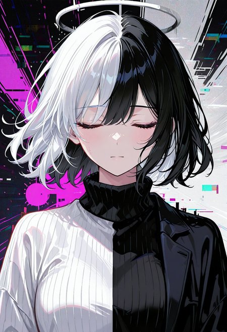 d_up, 1girl, black hair, short hair, closed eyes, white hair, multicolored hair, medium hair, shirt, turtleneck, sweater, long sleeves, turtleneck sweater, jacket, glitch, upper body, abstract background, white shirt, halo