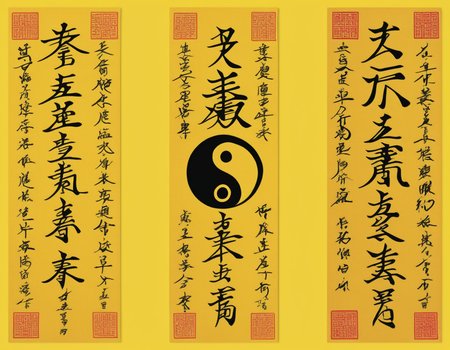 a yellow bookmark with chinese writing on it,
Tai Chi,yinyang,chop,illustration
 <lora:cnrune:0.4>,cnrune_yellow