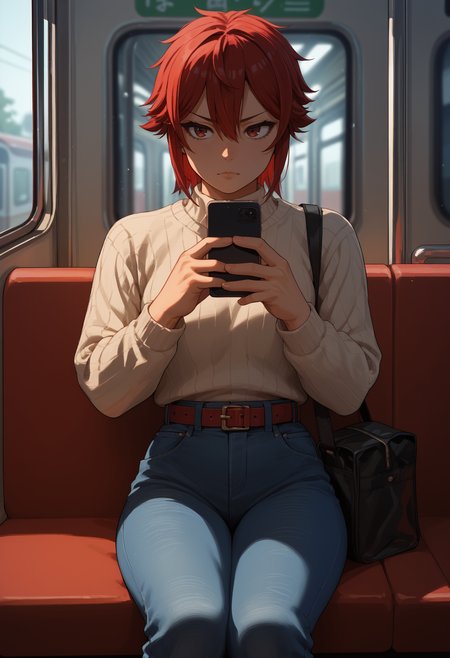 sweater,tight clothing,sitting,subway,looking at phone,high-waist jeans,bag,belt, score_9, score_8_up,score_7_up, source_anime, 1girl, solo, <lora:aizwtm_pdxl_EliPot:1>, aizawatomo, red hair, short hair, red eyes, tomboy, toned, muscular female,