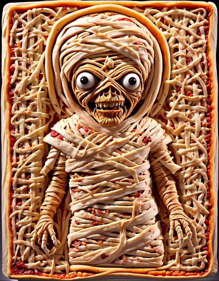 Food Photography pizza in (eddie:1.15) style, looking like a mummy, on a plate, hyper detailed, highly intricate,  ,,, Food Photography, often for culinary presentations, delicious visuals, or gastronomic art.