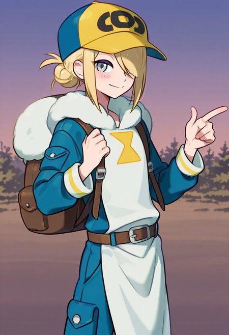 score_9,score_8_up,score_7_up,score_6_up,score_5_up,score_4_up,BREAKmasterpiece, hyper detailed, best quality, insanely detailed, high quality, exquisite, detailed, beautiful, ultra detailed,
solo, 1boy, male focus, blonde hair, grey eyes, hair over one eye, VoloGinkgo, blue jumpsuit, fur trim, apron, brown belt, backpack, baseball cap, two-toned headwear, blue headwear, yellow headwear, hair bun, sidelocks, smile, blush, masterpiece, best quality, outdoors, pointing
in Take style,