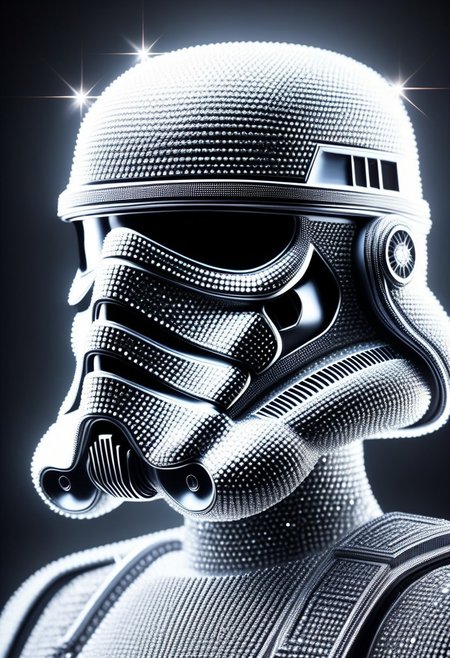 diamondMW figurine of a stormtrooper made of diamonds , portrait+ style, symmetrical face front view, hyperrealistic render metal details, beautiful glowing portrait of storm trooper with bio-mechanic suit glitch style, high contrast, 8k photographic style, matte painting, countless diamonds