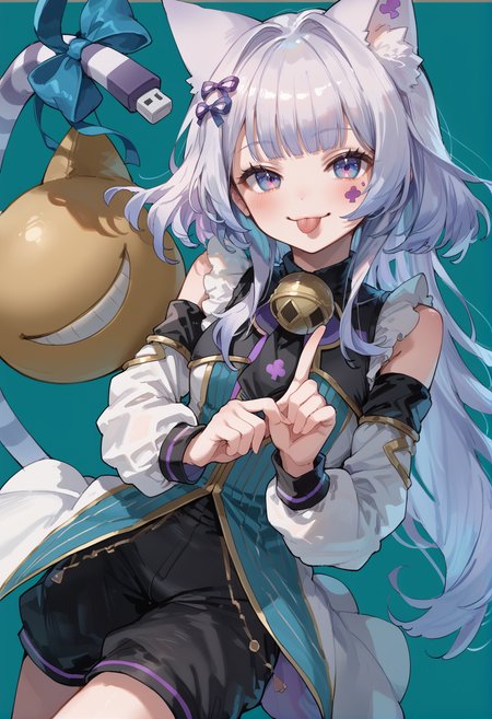 (score_9:0.9),score_8_up,score_7_up,rating_safe,anime_style,(zPDXL),(zPDXL3),((solo)),<lora:MALICE Pawn Cheshire Cat ponyXL v1.31:0.75>,mâlice pawn cheshire cat,1girl,tongue out,solo,cat girl,looking at viewer,blush,:q,smile,detached sleeves,index finger raised,gold stuffed toy,neck bell,black shorts,black dress,facial mark,long hair,