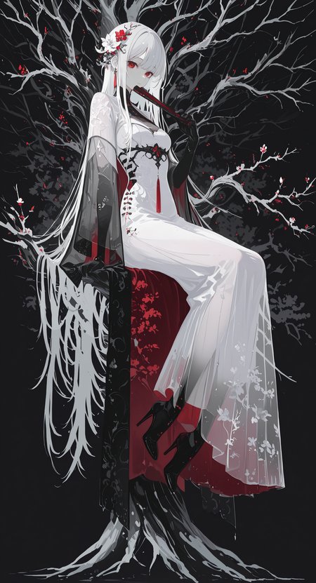 masterpiece, best quality, good quality, very awa, newest, highres, absurdres, 1girl, solo, long hair, looking at viewer, hair ornament, gloves, red eyes, dress, holding, jewelry, very long hair, sitting, full body, white hair, grey hair, flower, black gloves, hair flower, black footwear, white dress, high heels, tree, see-through, hand fan, branch, folding fan, holding fan, bare tree, folded fan, limited palette, h4ra_illu <lora:illustriousXL_stabilizer_v1.23:0.3> <lora:NOOB_vp1_detailer_by_volnovik_v1:0.3> <lora:ponyv6_noobE11_2_adamW-000017:0.3> <lora:114558v4df2fsdf5:0.6> <lora:XXX667:0.4> <lora:mon_monmon2133:0.5> <lora:hara_id_21:0.6>