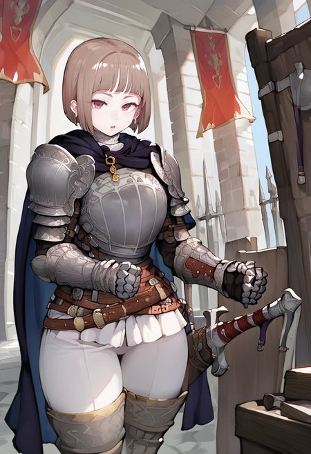 score_9, score_8_up, score_7_up, score_6_up, <lora:navigaviXL_P6_lokr_V53P1:0.95>  1girl, armor, solo, weapon, sword, shield, gauntlets, short hair, shoulder armor, belt, sheath, breastplate, earrings, looking at viewer, jewelry, bangs, brown hair, boots, knight, open mouth, sheathed, chainmail, pauldrons, thighhighs, purple eyes, white pants, cowboy shot, pants, cape, indoors, thigh boots, parted lips, blunt bangs, standing, bob cut, red eyes