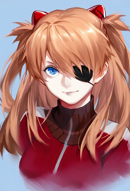 1girl, solo, souryuu asuka langley, blue eyes, long hair, eyepatch, jacket, track jacket, smile, upper body, blue background, red jacket, simple background, looking at viewer, orange hair, plugsuit <lora:solaXL_NBVP1_lokr_V6311P:0.95>