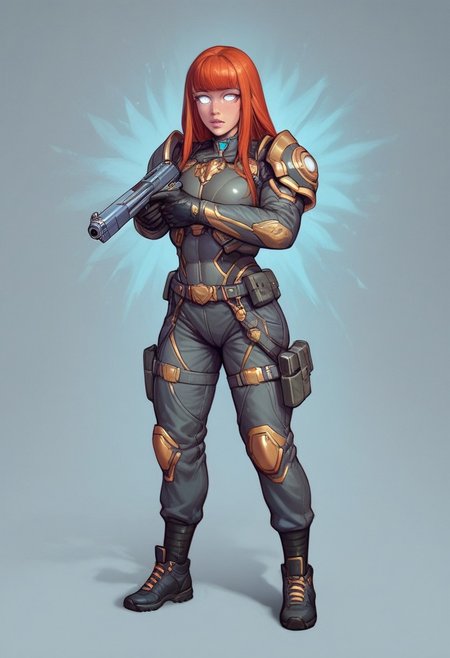 ((1girl, cute face, standing in wastelands, sands, dynamic pose,
Glowing aura surrounding a futuristic character like the Nomad, clad in a futuristic detailed brown suit handmade, (((army body armor))) patches on suit, redhead, long bangs,holographic blue light streaks, full face gasmask, (big shining white eyes without pupils:1.5), dynamic pose)), 
BREAK 
((((full closed)))), (((big futuristic gun in hands, sci-fi gun in hands)))
score_9, score_8_up, score_7_up, score_6_up, source_cartoon, rating_explicit, Expressiveh, (((((full body))))), dynamic pose, (big shining white eyes without pupils:1.5)