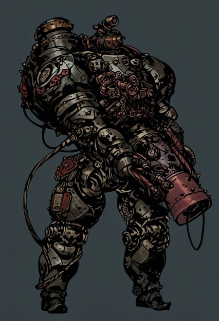 solo, robot knight, Gol3em, Rock Golem, score_9, score_8_up, score_7_up,, comicish artwork in dgst artstyle, holding a musket, simple background, reelmech, mechanical parts, cable, wires, machinery, joints, body suit, mcnm