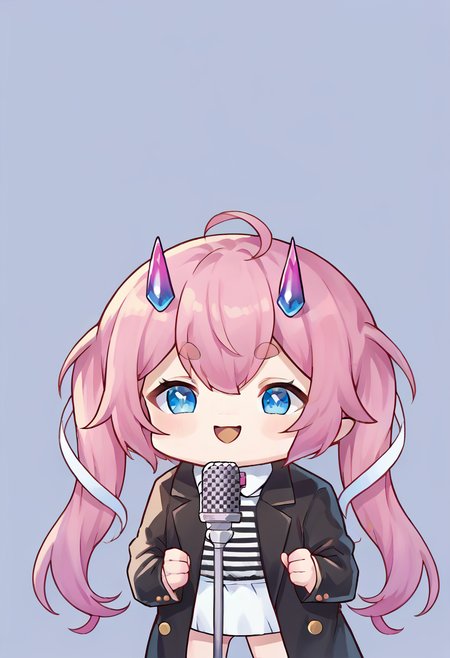 score_9, score_8_up, score_7_up, source_anime, 1girl, IncrsNeverGonnaGiveUUp, smile, looking at viewer, microphone stand, upper body, black jacket, striped shirt, open mouth, suit, open jacket, <lora:NeverGonnaGiveYouUp_XLPD:1>, <lora:Phdpigeon_XLPD:1>, chibi, dot eye, chibidoki, pink hair, twintails, blue eyes , thick eyebrows, horns <lora:chibidoki:0.8>