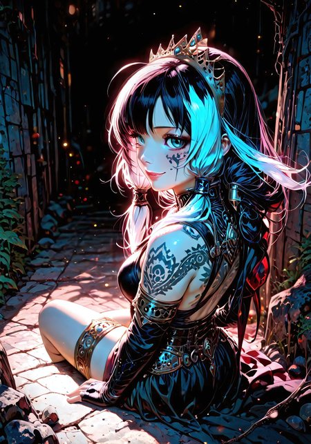 lazypos, ultra realistic, masterpiece, high detailed skin, fantasy, best quality, high res, very aesthetic, anime style, studio anime, pompt - best quality,amazing quality, very aesthetic, absurdres, createconcept, addmicrodetails, M4gicalL1nes, sweet smile, DarkFantasy, character focus, Tattoo on face, Crown, gothic fantasy princess, beautiful girl, sitting on ancient stone path, dark gothic outfit, mechanical tattoos on shoulder and arm, detailed golden accessories, metallic crown, glowing blue and pink rim lighting, two-tone hair (white and black), glowing eyes, soft smile, dramatic lighting, glowing embers, fantasy ruins, extremely detailed face, cinematic color grading, ultra detailed, high resolution, 4K

<lora:CreateConcept_Illustrious:1>
