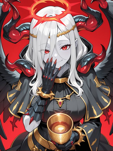 fallen angel, condemned darklord, hand on own mouth, chalice, solo, red nails, holding chalice, sharp fingernails, from above, 1girl, smile, looking at viewer, white skin, red halo, gold circlet, black gloves, black feathered wings, black dress, black capelet, red background,
masterpiece,best quality,amazing quality,very aesthetic,absurdres,newest,<lora:Condemned Darklord illuXL v1.1:0.75>,