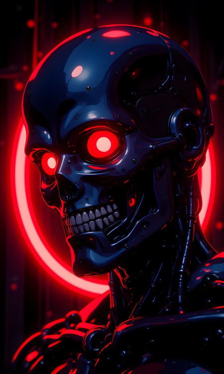 The image is a highly detailed and striking illustration of a robotic head, reminiscent of the iconic design from the "Terminator" franchise. 
The background is dark and minimalistic, with no distinct features or objects. The focus is entirely on the robotic head and the neon ring behind it. The darkness of the background helps to draw attention to the subject and the vibrant red light.
The camera appears to be positioned slightly below the subject and to the right, looking at some side profile of the robot's face, which adds to the imposing and intimidating presence of the figure.
The material of the head is (matte:1.3), but some specular can be seen.
The lighting is dramatic, with strong highlights and shadows that emphasize the three-dimensional quality of the metal parts. The light seems to be coming from above, casting shadows that accentuate the contours and details of the robot's face.
The robot's eye is particularly striking, with a glowing red light that stands out against the dark metal. This red glow gives the robot an almost menacing appearance, as if it is scanning or analyzing its surroundings. The mouth area is open, revealing rows of sharp teeth, adding to the overall sense of danger and threat.
The composition centers the robot's head in the frame, with the lines and shapes of the mechanical parts leading the viewer's eye across the image. The use of color and texture creates a sense of depth and dimension, making the image feel almost lifelike despite its clearly artificial nature. The overall effect is one of power and intensity, capturing the essence of a formidable and unstoppable machine.
BREAK j_art, anime, anime art, <lora:FLUX\RetroAnimeS1.1:0.1>, <lora:FLUX\GLSHS:0.1>, <lora:FLUX\Dieselpunk Delight - s0_9 g4:0.1>, <lora:FLUX\Anime Art V3:0.1>, <lora:FLUX\jul\J_Anime:1.0>