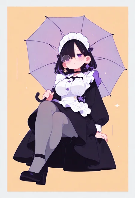 masterpiece, best quality, good quality, very aesthetic, absurdres, newest, 8K, viewed from below, legs focus, legs awe, full body, BREAK 
side portrait of stunning girl sitting, legs crossed, bangs, black hair, bobcut hair, purple eyes, choker, hair over one eye, (rimless big round glasses), large breasts, earrings, ear pierces, ultra detailed decorative victorian gossamer clothes, very short tight black maid dress, maid apron, multi colored hair, grey tights, black pumps, 
simple pastel red background with thick white border,
 holding transparent umbrella, directional lighting, BREAK half closed eyes, blushing, unfocused eyes, slightly parted lips, distant gaze, emotionless look,face visible through umbrella,
ultra-realistic, Flatline, Flat vector illustration, haiz_ai, no lineart, no outline,
heavy-rain, rain,
pplegs, chubby legs, thick legs, skindentation,
<lora:haiz_ai_illu:0.8> <lora:flatline:1.65> <lora:ponyv6_noobE11_2_adamW:0.25>  <lora:Slider-LimbWidth:1.5> <lora:Slider-LegLength:-1.5> <lora:v0.04_Concept_pony:0.2>