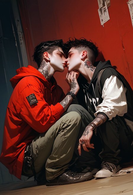 score_9, score_8_up, score_7_up, masterpiece, ultra-realistic 8k, (best quality), (lots of details), (intricate details), (male focus), (unique angle), dutch angle, muted colors, (black palette), (red theme), 2boys, gays, adult, sits on the floor with his back against the wall, (on the verge of kissing:0.7), next to him his backpack, (rings, piercing, bracelets), (tattoo:1.2), masculine, perfect hand, perfect fingers, short disheveled hair, curvy hair, sweatshirt, cargo pants, white sneakres, acoustic guitar, night, metro station, highres textures, Expressiveh, concept art, realistic