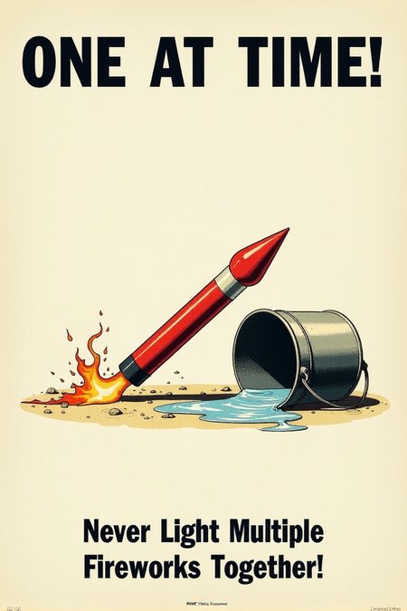 A vintage poster with a clear, simple illustration of a firework rocket lying horizontally on the ground next to a tipped-over bucket of water. Flames are subtly depicted near the rocket. Bold, black text on a white background warns: "ONE AT A TIME! Never Light Multiple Fireworks Together." Emphasize the potential for chaos and danger with multiple ignitions.  <lora:REMEs_War_Poster_Style:0.95> In REME's War Poster Style,âââ