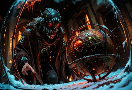 masterwork, masterpiece, best quality, wide angle, scene, depth of field, high detail, deep colour, high contrast, highly detailed, epic cinematic concept art, (octane render:1.6), (3d shading:1.6),  dynamic lighting, (Dreamlike surrealist painting:1.8),
(the world is burning (inside a glass sphere:1.9) :1.5), watched by a demon, surreal female demon, red eyes, swirling cloak turning into threatening clouds,
snow, glowing footprints, burning tears scorch the land, eldritch, horror, gdv2-illu,