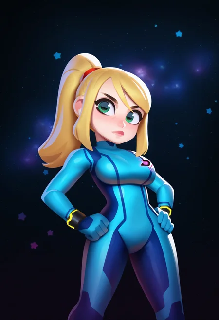 best quality, amazing quality, very aesthetic, absurdres,
BREAK
(black background, galaxy background, starry background:1.8)
1girl, samus aran, green eyes, blonde hair, medium hair, ponytail, sidelocks,
blue bodysuit,
looking at viewer, standing, hands on hips,  <lora:TomacoSunderlandNoobLocon_byKonan:1>