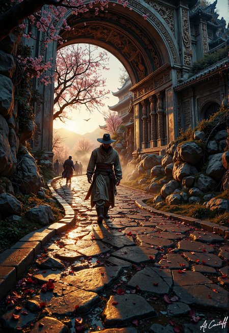 Extreme low-angle shot, 14mm fisheye lens warping reality, bending the serpentine path into a dizzying spiralâblurred as if the earth itself is shifting beneath the lone wandererâs feet. A dying sun bleeds golden light through the colossal archway, its intricate carvings looming like forgotten gods, casting the manâs elongated shadow like a stain upon the stones. His tattered duster whispers against the wind, his sunken eyes fixed ahead, while hooded figures drift like ghosts in the distance, their presence humming with unspoken menace. Petals of cherry blossoms, fragile as fate, swirl around his boots, their sweetness clashing with the iron weight of the coming night. The sky, an abyss of indigo, swallows the last lightâonly the archway remains, a gilded mouth poised to devour him whole., d1st0p14<lora:CustomFlux/MysticFantasy.safetensors:0.25000000000000006:0.25000000000000006> <lora:CustomFlux/MysticRealism.safetensors:0.7500000000000001:0.7500000000000001> <lora:Flux/Dystopia - s0_8 g4.safetensors:0.5000000000000001:0.5000000000000001>