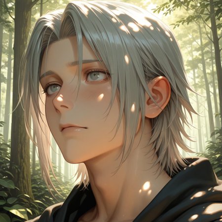 masterpiece, best quality, amazing quality, absurdres, newest, detailed background, definition so sharp, Ultra-HD, 8K cinematic, very awa, impressionate, amazing quality, highres, 
solo, male focus, manly, 
yashiroisana, 1boy, short hair, parted bangs, shiro_pretime, shiro_grey hair, shiro_grey eyes, looking around, curious expression, calm, forest, sunlight, dappled light, playful, aesthetic, serene, youthful