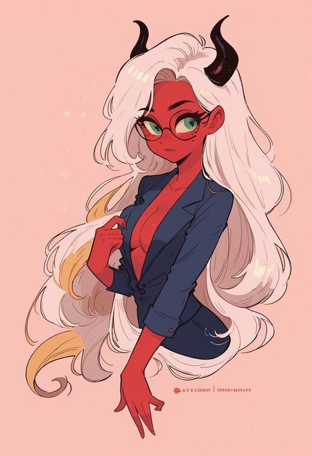 score_9, score_8_up, score_7_up. 1girl, demon girl, red skin, freckles, mole under eye, glowing green eyes, glasses, black small horns, long flowing hair, perfect face, perfect eyes, sexy, perfect body,  wearing office uniform, busy office background, stern expression, boss lady, super cute, pinup,dynamic angle, cowboy shot, leaning over, slight cleavage