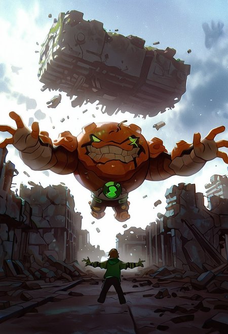 masterpiece, best quality, amazing quality, very aesthetic, absurdres, newest,, detailed background, 
 movie scene, cinematic scene, cinematic, 
gravitack, crooked teeth, 1boy, armor, monster, green eyes, solo, massive arms, big hands, no humans, solo, 
telekenesis, outstretched arms, ||1.  (floating building, ruins, post-apocalypse), ||2. cars, ground vehicles, motor vehicle,