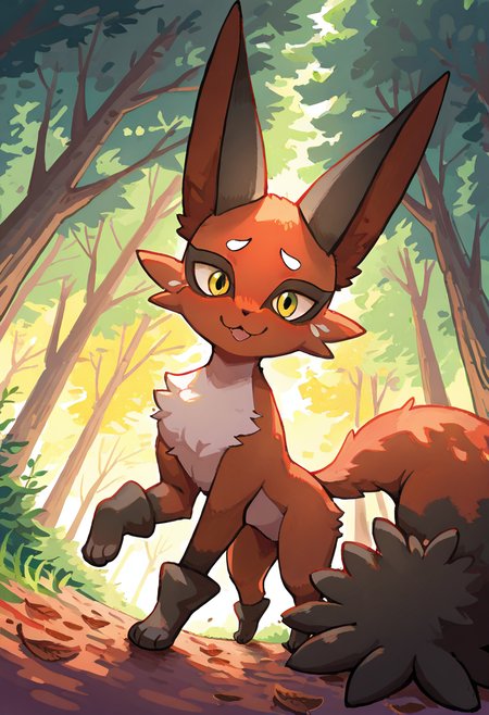 masterpiece, best quality, looking at viewer,      zzNickit,  dim forest path, golden hour light filtering through trees, mossy ground, still posture, one paw slightly raised, alert to distant sound, silence broken only by birdsong â The forest hushes as zzNickit halts mid-step, one paw hovering above the mossy trail. Shafts of orange light break through the canopy, brushing over its fur as it listens. Every leaf seems to hold its breath, the moment stretched taut like a drawn bowstring.    ,<lora:NickitPokedex_IXL_v1:1.0>,  foreshortening, dynamic angle, close up,