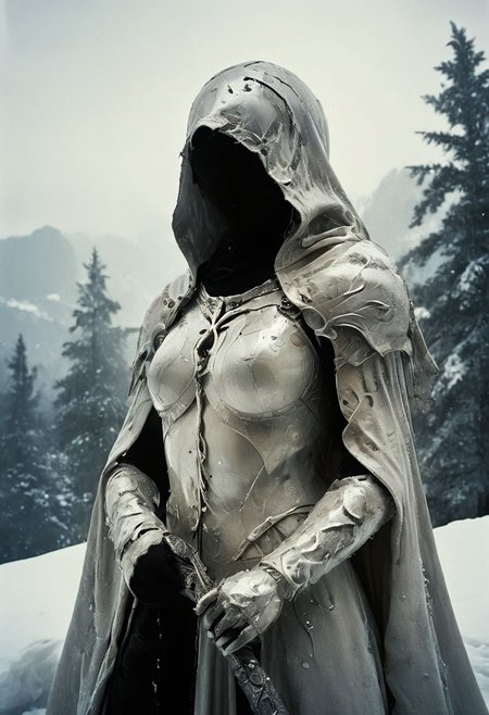 style of Guido Argentini, Capture a stunning Closeup of an Solid enforced midsummer witch upon a hill,  from a mushroom in an eerie snowy Mountain beautiful Nature snow tomb, feudal shinobi armored white Spirit wearing hooded Linen cape designed By Studio ghibli, masked with a Bright translucent seastone Mask inspired By HR Giger and Franco Fontana,  very detailed and vibrant outworn but colorful, She is wearing armor made entirely Made of marbles, both liquid and hard. The marbles are meticulously laid over her arms and limbs, securely fastened with ancient leather straps. , wielding colorful two-toned giant sword, 
very detailed, Shot in UHD