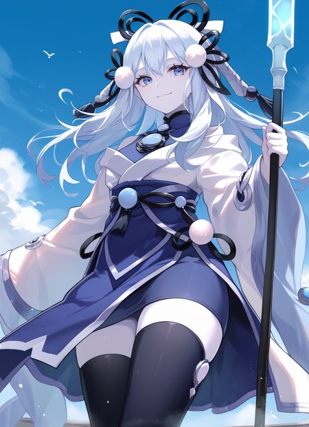 (score_9:0.9),score_8_up,score_7_up,rating_safe,(zPDXL3),(zPDXL),
masterpiece,intricate details,anime,4k,best quality,anime style,
<lora:Yuki-Onna, the Absolute Zero Mayakashi ponyXL v1:0.76>,blue theme,winter,
yuki-onna the absolute zero mayakashi,1girl,solo,white japanese clothes,looking at viewer,smile,polearm,black thighhighs,holding polearm,sky,closed mouth,black hair ribbon,blue bodysuit,cyan chest jewel,from below,white skin,