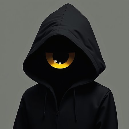 abstract artstyle, logotype containing black and grey colors, yellow eye hiding in the shadow of the hood, hood is tottaly black except eye that emerging from it