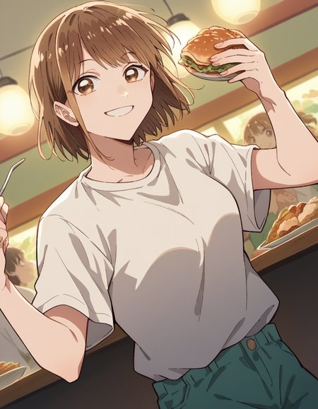 score_9, score_8_up, score_7_up, source_anime, <lora:chinatsu-kano-alpha-ponyxl-lora-nochekaiser:1>, chinatsu kano, short hair, brown hair, brown eyes, medium breasts,, shirt, white shirt, short sleeves, shorts,, restaurant, laughter, good food, warm lighting, celebration, smile, , smug, solo,, cowboy shot, dutch angle,