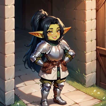 1girl, black hair, ponytail, sharp teeth, enormous lips, medieval armor, closeup, goblin woman, green skin, medieval clothes, large smile, (boisterous smile, mischievous smile), Expressiveh, yellow eyes, very muscular, pointed ears,  female goblin, Goblin, solo, long hair, gremlin energy, very short woman, mega ponytail, fully clothed, short stature, shortstack, ((armored boots, boots, shoulder armor, armor, pants, greaves, gloves, long sleeves)), broad shoulders, huge arms, Knight