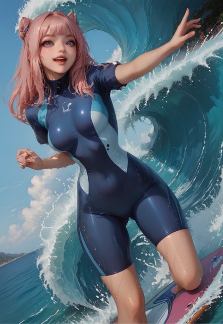 safe_pos, score_9, score_8_up, score_7_up, nsfw, ((masterpiece, best quality, highly detailed)), hyperrealistic, (UHD quality details), action shot, 1girl,Sangonomiya Kokomi, purple eyes, perfect eyes, pink hair, long hair, gradient hair, multicolored hair, sidelocks, blunt bangs, bow-shaped hair, detailed mouth, smile, open mouth, full lips, curvy body, round breasts, wet, bend over, dynamic pose, incrssurfing, surfing, surfboard, wetsuitBBS, short sleeves wetsuitBBS, tight sleeves, sunny weather, large wave splashing panorama in the background, Detailed background, dutch angle, view from below, closeup