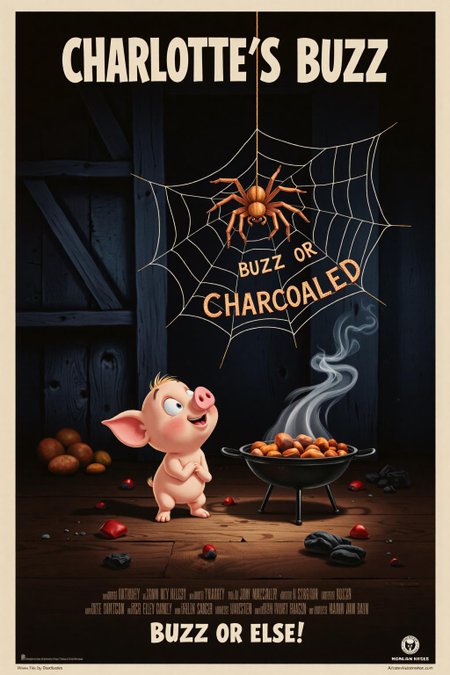 Vintage movie poster for "Charlotte's Buzz", featuring a dark, smoky barn setting, with a small piglet looking up in amazement at a spider hanging from a web above it. The spider, slightly charred and wearing a mischievous expression, spins a web that spells out "Buzz or Charcoaled" in delicate, smoky strands, as if burned by embers. The web glows faintly as if it's still smoldering.
Around the piglet are subtle, humorous signs of a barbecue -- a grill in the background, some scattered charcoal, and a faint wisp of smoke. The tagline at the bottom reads: "Buzz or else!"
The overall tone is both playful and slightly edgy, with a rustic color palette and a hint of smoky textures, reminiscent of classic animated farm tales but with a fun, parody twist.
 <lora:Movie_Posters:0.7> <lora:schnell_v1.0:1.0><lora:795848992031273293:0>