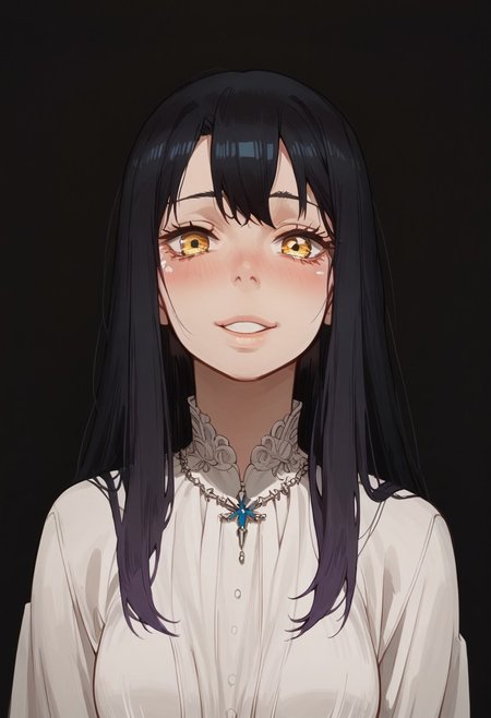 score_9, score_8_up, score_8. score_9, score_8_up, score_7_up, score_6_up, masterpiece, 4k, high quality, (best quality:1.1), ExpressiveH, (close up)
1girl, Yotsuya_Miko, yellow_eyes, black_hair, long_hair, gradient_hair, medium_breasts, blushing, looking at viewer, smiling, g0dd3ss, white dress
black background