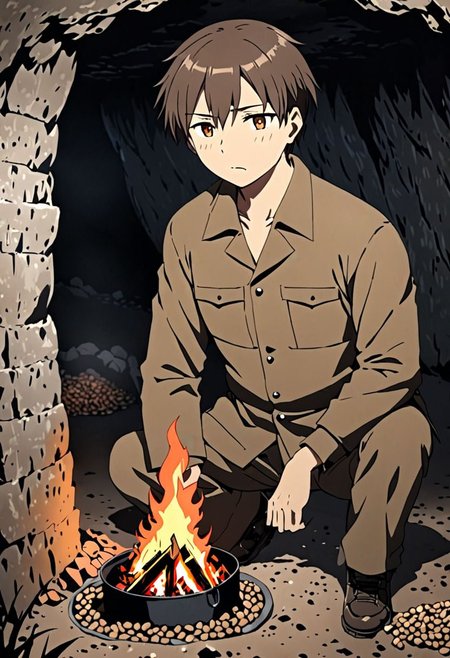 high resolution, solo, best quality, 1Boy, Takaki Toono, Brownish Hair, Brown Eyes, cave, bunker, field Ration, bonfire, OverallDetail
