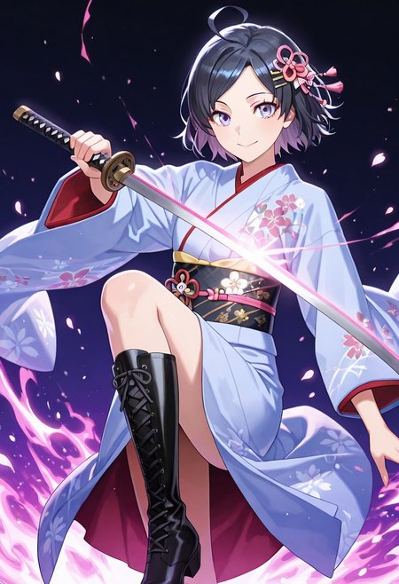 <lora:YahariOreNoSeishunLoveComedy_HikigayaKomachi_IlluXL:0.9>, Hikigaya Komach, anime_girl black_hair_with_pink_highlights Purple_eyes cheery_expression floral_hair_ornament_with_pink_flower traditional_kimono_with_cherry_blossom_pattern dark_blue_kimono_with_pink_and_white_flowers intricate_kimono_design_with_gold_accents holding_katana_with_both_hands glowing_katana_with_energy_trail dynamic_action_pose cherry_blossom_petals_floating_in_air vibrant_neon_pink_and_cyan_color_scheme dramatic_lighting_with_glowing_effects energy_aura_with_sparkling_particles black_lace-up_boots_with_shiny_finish detailed_background_with_splashes_of_pink_and_blue fantasy_warrior_theme strong_female_character ethereal_and_mystical_atmosphere high_contrast_art_style anime_illustration_with_digital_painting