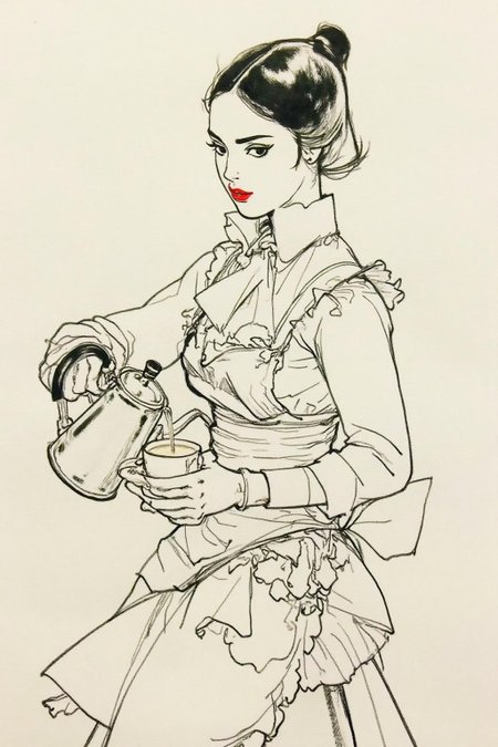 kj9 illustration.
A young woman with classic British makeup, bold eyeliner and red lipstick, stands confidently in a crisp white dress shirt and a neat apron. She is gracefully pouring coffee from a sleek coffee kettle into a cup she's holding in her other hand. Her expression is focused but relaxed, embodying a sense of elegance and charm in her routine.  <lora:kj91_cap_d6a3e12:1.0><lora:819910227752127742:0>